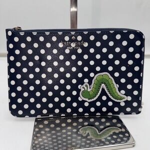 Kate Spade New York Navy White Polka Dot Green Caterpillar Wristlet Clutch